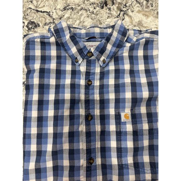 Carhartt Mens Cotton‎ Button Down Shirt Sz XL Plaid Blue Short Sleeve - Picture 1 of 14